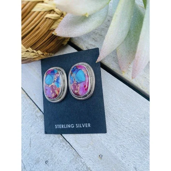 Navajo Pink Dream Mohave & Sterling Silver Post Earrings By Wydell Billie - Picture 3 of 7